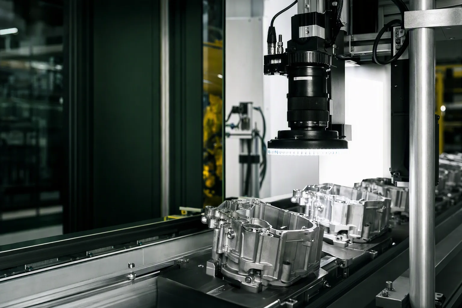 Precision automotive components passing beneath an industrial inspection camera