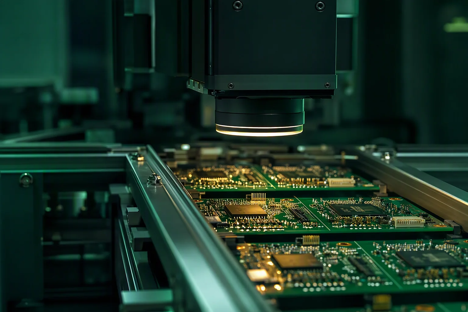 Printed circuit boards moving beneath a compact inspection camera