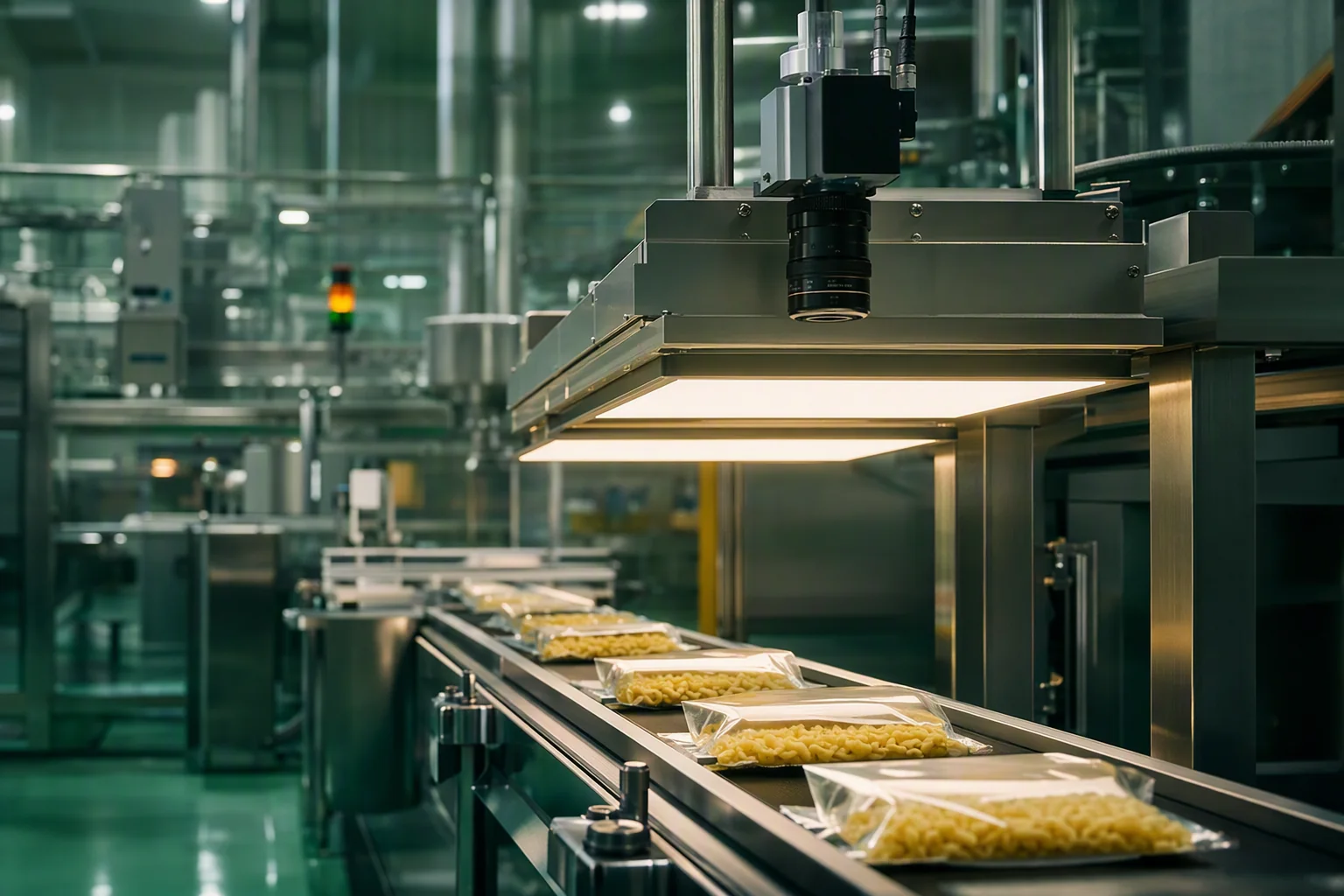 Sealed food packages moving beneath an inspection camera on a stainless steel line