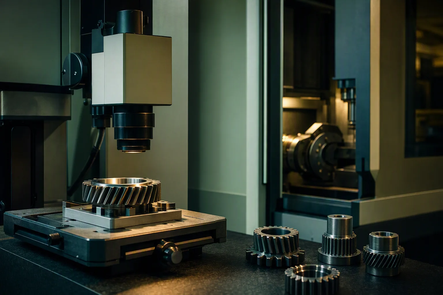 Machined gears at an optical inspection station beside a CNC cell