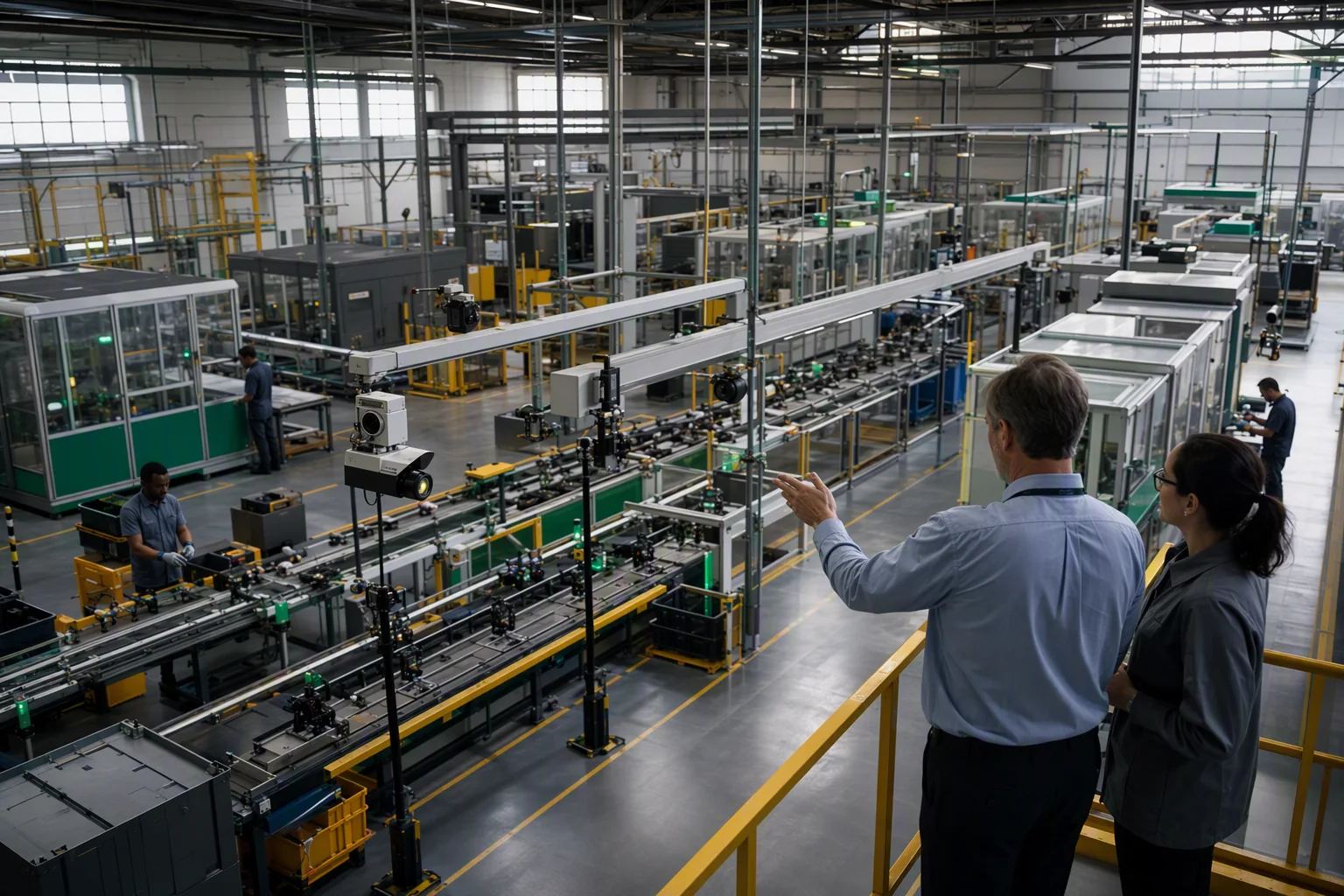 Manufacturing leaders reviewing camera-enabled inspection stations across a factory