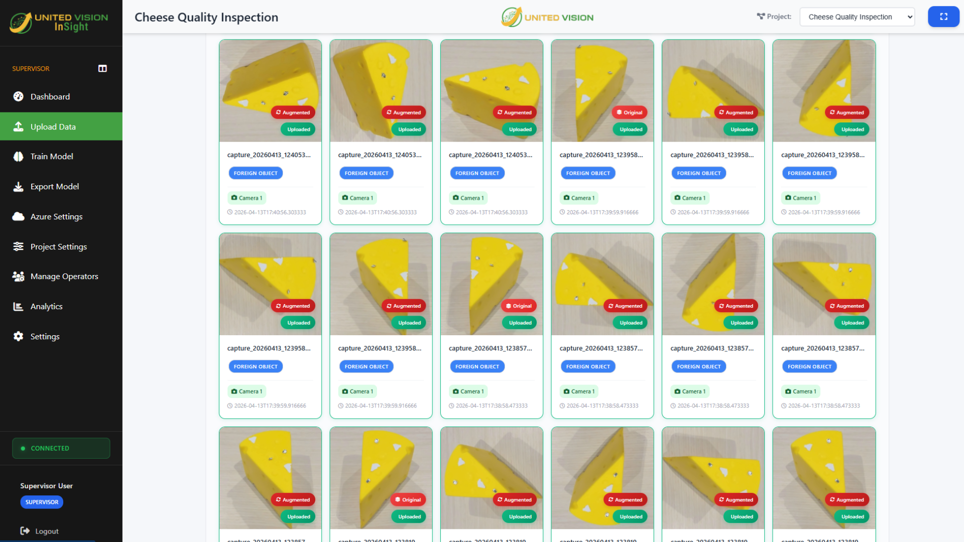 United Vision training dataset showing labeled inspection images organized for model development